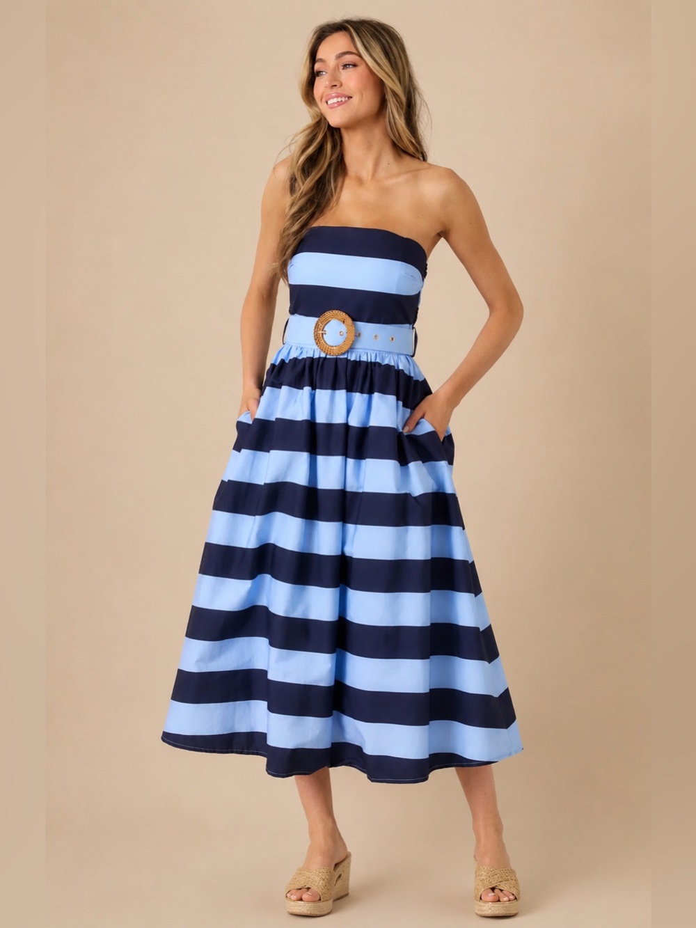 Entro Giselle Strapless Striped Midi Dress Blue Navy Cotton Belted Pockets NWOT